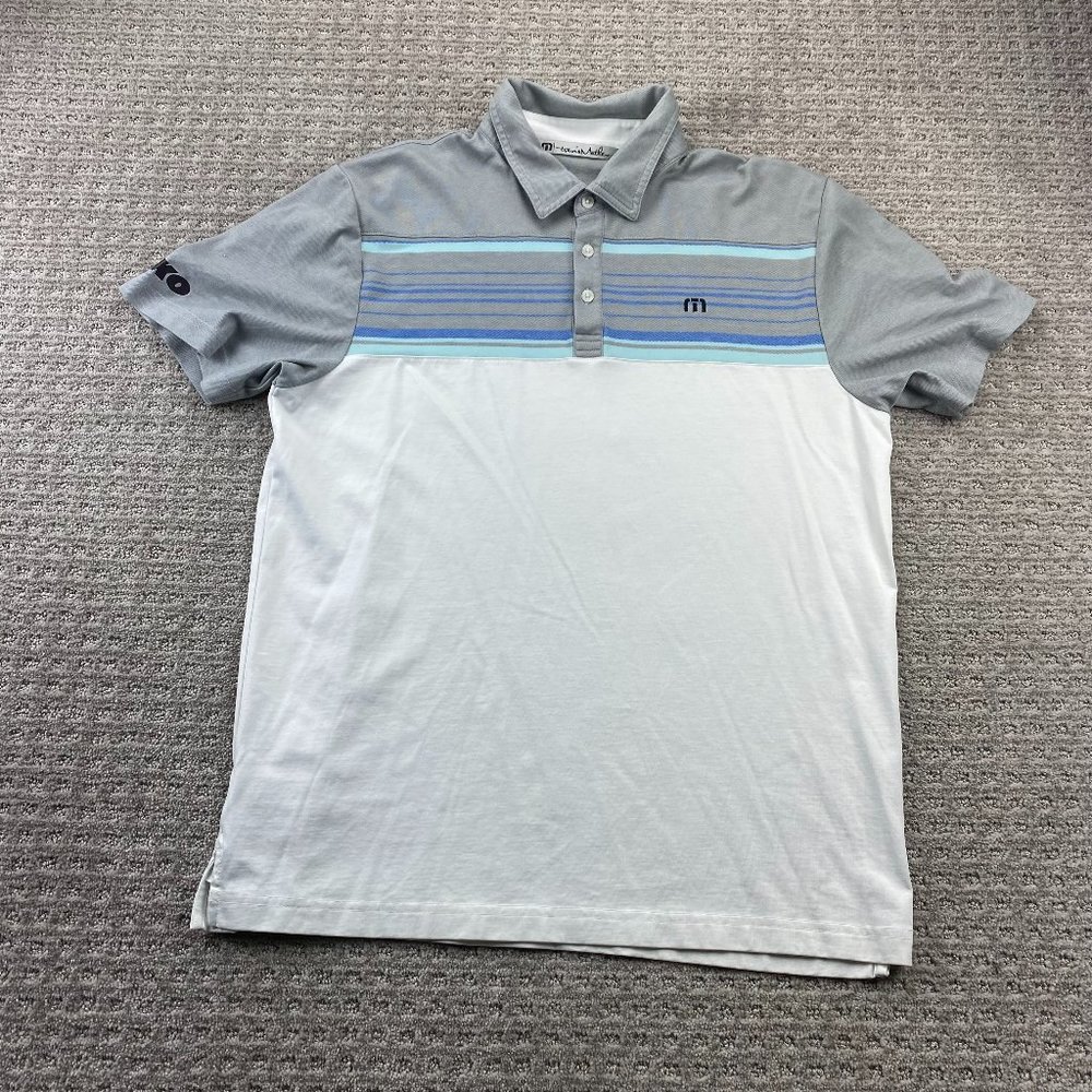Travis Mathew Golf Shirt Men Large L White Gray Stripe IKO Company Activewear